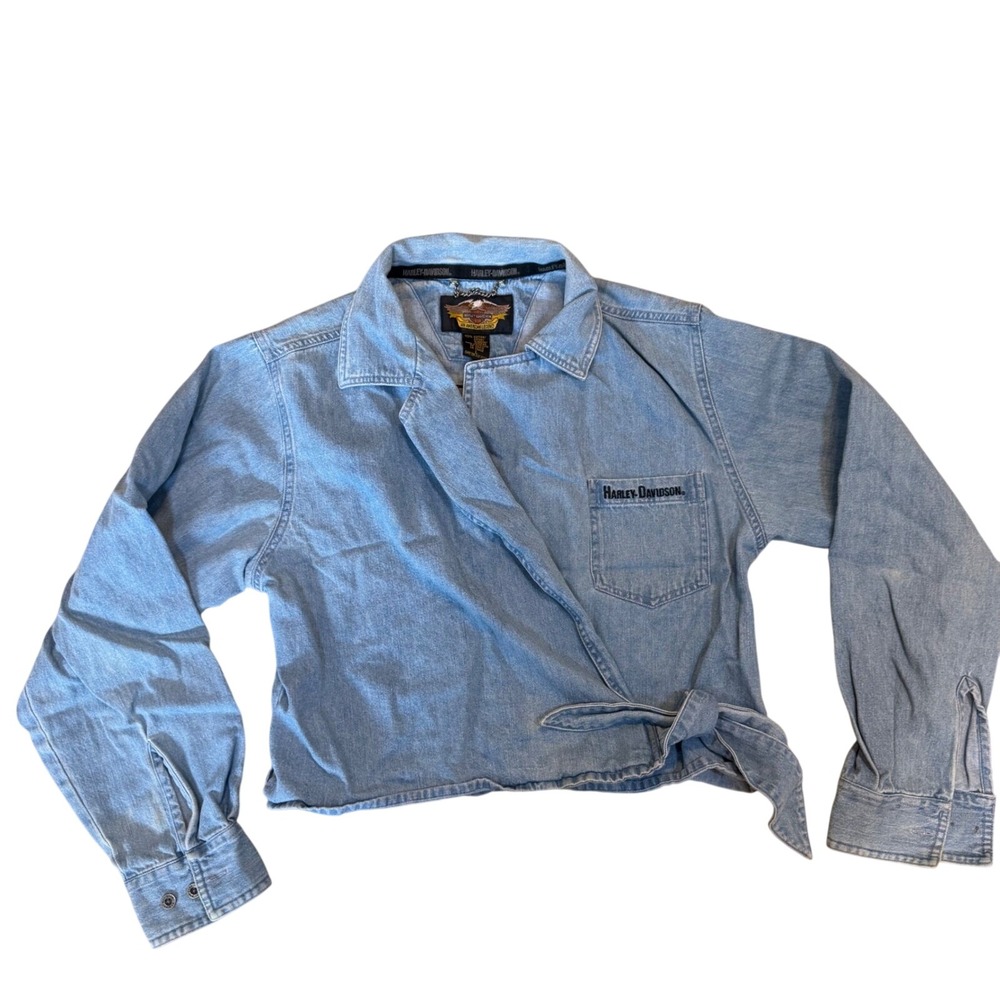 Vintage Harley Davidson Denim Wrap Shirt Cropped Y2K Moto Chic Sz L